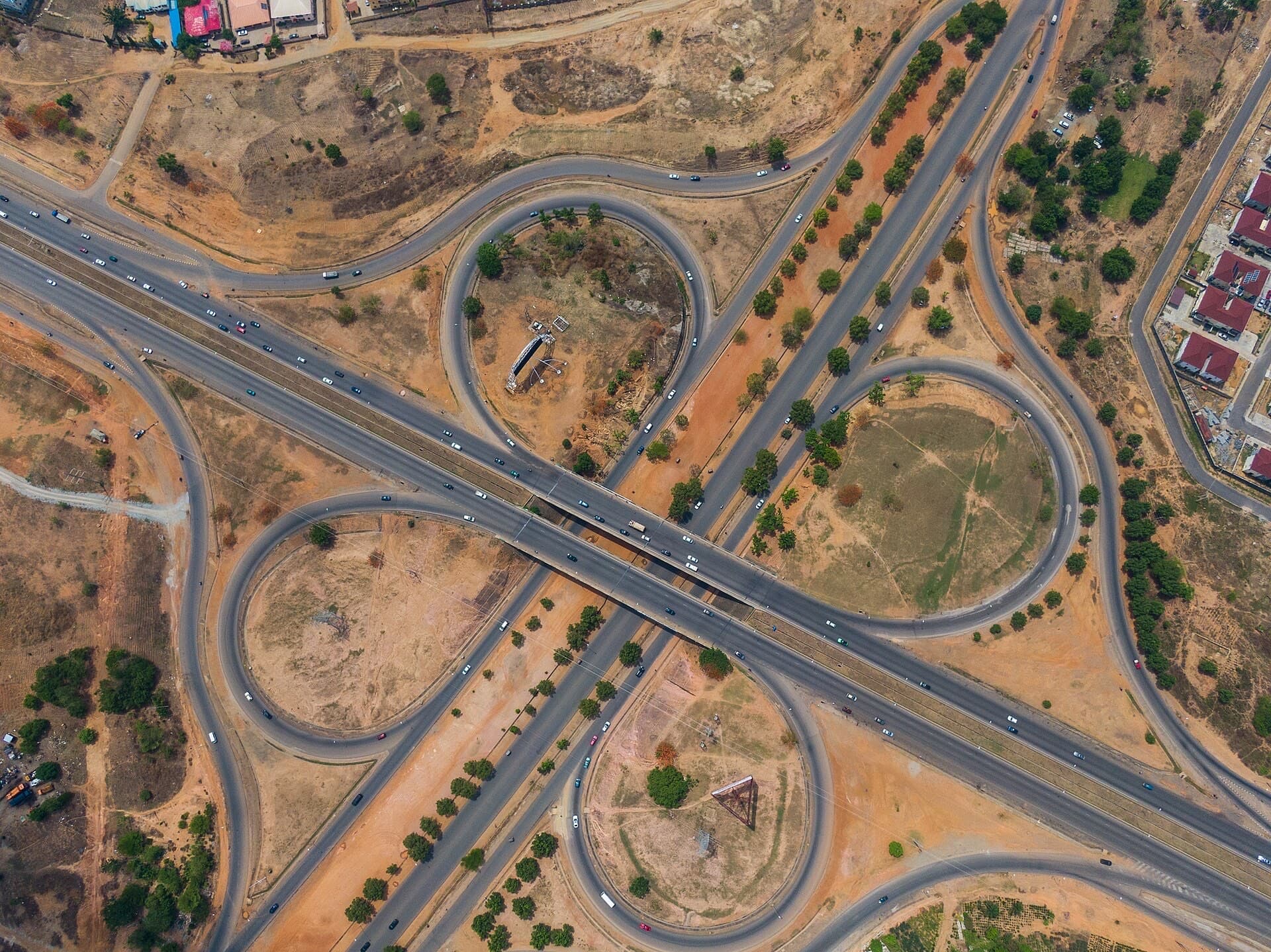 Aerial view of the Dantata Bridge interchange on Abuja's Airport Road